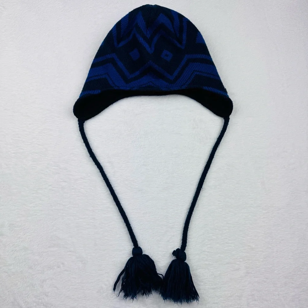 Columbia Youth Tassel Beanie Blue Geometric Pattern. Outdoor Ski Hat. One size.